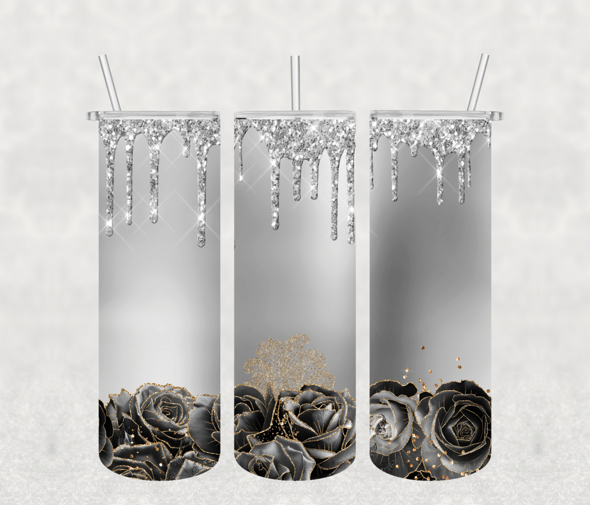 Silver Black Roses Glitter Drip Tumbler