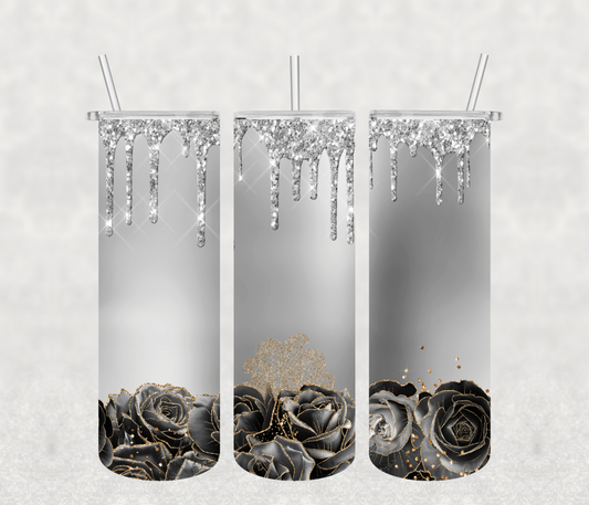 Silver Black Roses Glitter Drip Tumbler